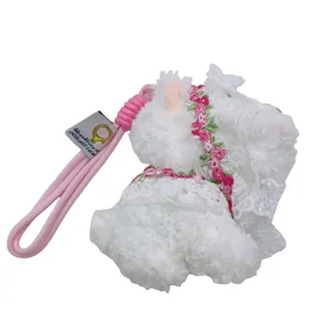 Cute white puppy plush keychain bag charm, fluffy Westie doll pendant with pink lace trim.
