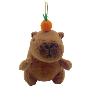 Cute plush capybara keychain with orange pendant fluffy backpack charm soft toy gift.