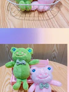 Nahaufnahme des Plüschfrosch-Anhängers, weicher Stofftier-Anhänger mit süßer Schleife.