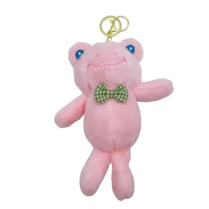 Süßer rosa Plüsch Frosch Schlüsselanhänger mit karierter Schleife, weicher Taschen Anhänger.