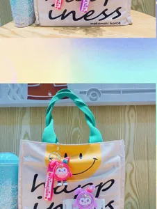 Cute liquid glitter rabbit keychain pendant with canvas tote bag, stylish bag charm accessory.