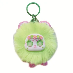 Cute fluffy green monster keychain plush bag charm with cute face and flower crown pendant