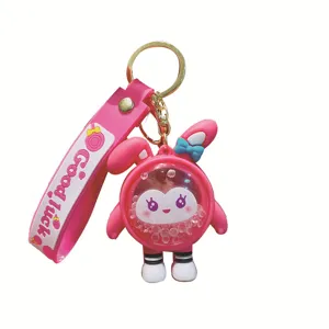 Cute pink rabbit keychain with liquid shaker design and good luck strap for keys and bags.
