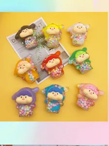Acrylic quicksand bottle liquid ornament detail, cute cartoon character design with colorful beads.