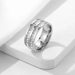 Stainless steel double row square crystal diamond ring fashionable women shiny jewelry band accessory