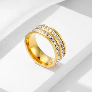 Exquisite stainless steel double row crystal ring, golden luxury minimalist design for women.