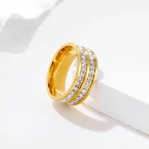 Stainless steel double row small square crystal ring detail, elegant gold plated finish.