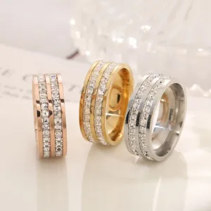 Stainless steel triple row square crystal ring rose gold silver gold multi-stone band jewelry