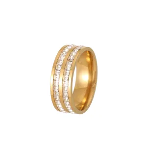 Gold titanium steel ring with double-row cubic zirconia, elegant couple jewelry accessory.