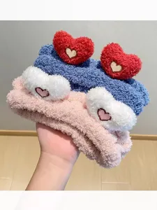 Plush heart headband for face washing, cute fluffy makeup hair hoop with 3d heart design.