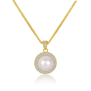 Exquisite gold-plated S925 silver pearl pendant necklace with sparkling zirconia halo.