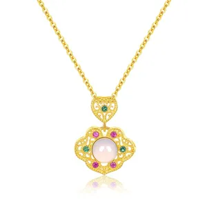 S925 sterling silver necklace French vintage hollow pendant with pearl and colored gemstones