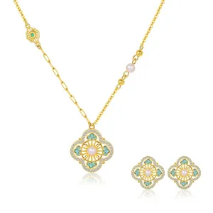 S925 silver clover pearl necklace and earrings set French vintage elegant jewelry gift for women
