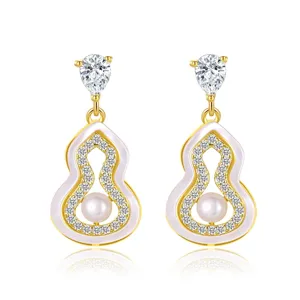 Elegant gold-plated gourd pearl drop earrings with sparkling zircon for women and girls.