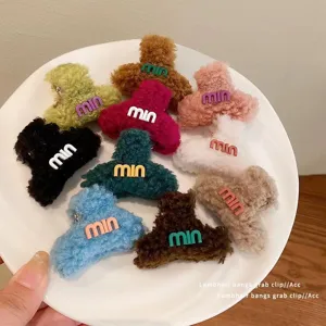 Plush hair claw clip for women autumn winter fluffy letter hair accessories small size