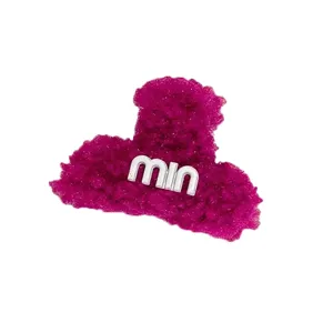 Plush hair claw clip for women, fluffy mini hair clip with metal letters, cute pink winter item.