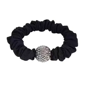 Black rhinestone hair scrunchie with crystal ball ornament for elegant daily women hairstyles.
