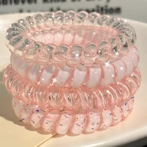 Cute pink telephone wire hair ties, transparent sparkling hair bands for daily cute styling.