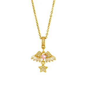 Gold angel wings necklace with pink heart and star pendant for women fashion jewelry.