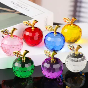 Crystal Apple Figurine Faceted Clear Crystal Glass Fruit Ornament With Rhinestone Gold Stem Home Living Room Decor Gift