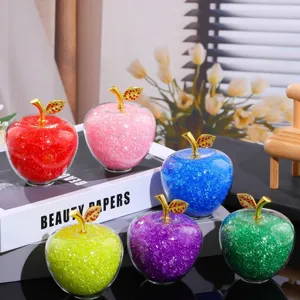 Crystal Glass Apple Figurine With Gold Metal Stem Rhinestone Leaf Tabletop Ornament New Year Christmas Home Decor Gift