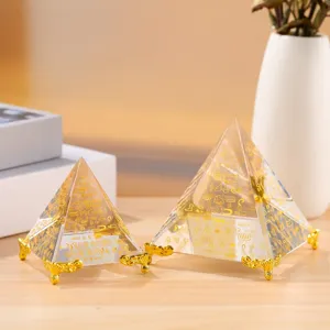 Crystal pyramid ornament with gold hieroglyphs, elegant desktop decor and energy tower prop.