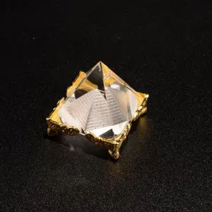 Clear crystal pyramid ornament with gold metallic base home decor display piece