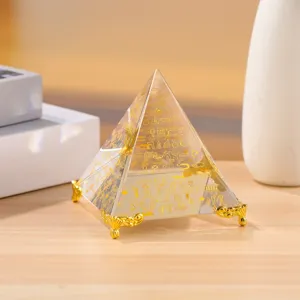 Detailed view of the Egyptian crystal pyramid ornament, featuring golden hieroglyphic symbols.