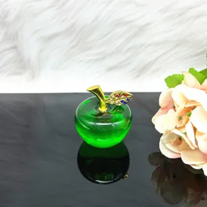 Green crystal apple figurine ornament with gold leaf and rhinestone details for home decor.