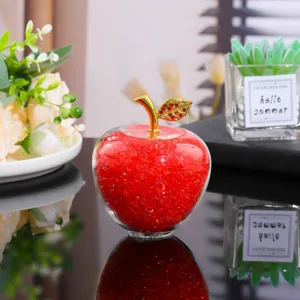 Exquisite red crystal glass apple ornament detail, sparkling rhinestones leaf, table decor.