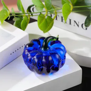 Blue crystal glass pumpkin figurine ornament table decor for home office gift showcase display