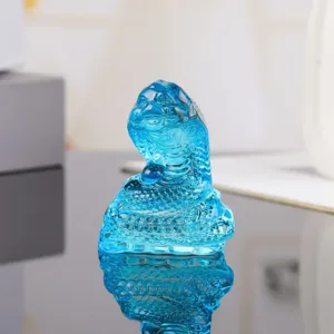 Blue crystal snake figurine, Chinese zodiac animal statue for living room home decor details.