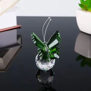 Crystal butterfly figurine detail, green and clear faceted crystal desktop ornament display