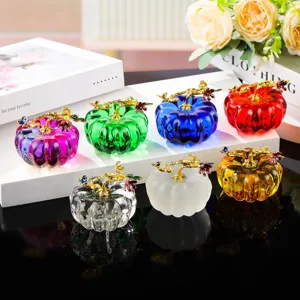 Crystal pumpkin figurine colorful glass ornament with gold stem for office home decor gift.