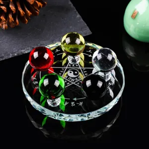 Detalle del conjunto feng shui de bola de cristal de cinco elementos con plato bagua.