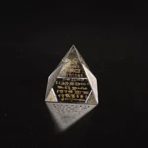 Crystal pyramid ornament with ancient Egyptian hieroglyphs, clear glass desktop decor piece.