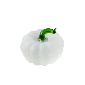 Exquisite white frosted glass pumpkin ornament with vibrant green stem for home office decor.