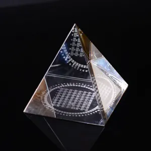 Crystal pyramid ornament with laser-engraved bagua Feng Shui symbols, clear glass.