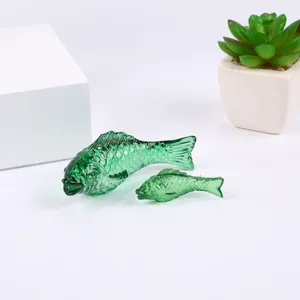 Green glass fish figurines set, clear crystal fish animal ornaments for home decor and desk.
