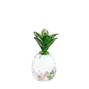 Crystal glass pineapple figurine miniature fruit table decor ornament clear green leaves.