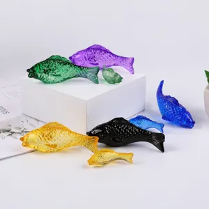 Colorful glass fish figurines set, crystal animal ornaments for home desk decor display.