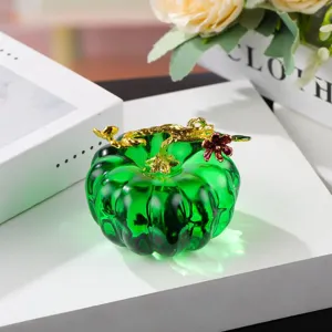 Crystal glass pumpkin ornament with gold stem, green home decor desktop tabletop display.