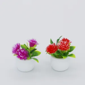 Detailaufnahme von Puppenhaus Topfpflanzen, lebensechte künstliche Blumen für Miniaturgarten.
