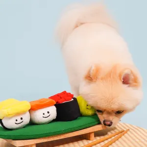 Cute sushi plush dog sniffing toy with wooden tray, interactive squeaky pet toy for daily play.