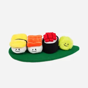 Cute sushi plush dog toy set with interactive squeaky hide and seek features for pets.