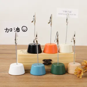 Minimalist Wooden Cylinder Base Metal Crocodile Clip Memo Photo Holder Office Desk Decor Card Display Stand