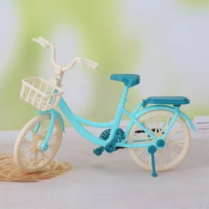 Miniature bicycle model toy, retro blue and white plastic decorative ornament for kids.