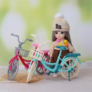 Miniature bicycle model toy set with cute doll ornament for kids gift and room decor desktop play.