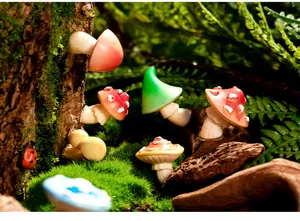 Miniature resin mushrooms forest moss landscape DIY terrarium fairy garden plant decor detail.