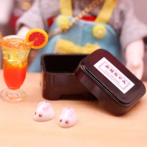 Dollhouse miniature rabbit wagashi and drink set, cute handmade toy model for dollhouse decor.